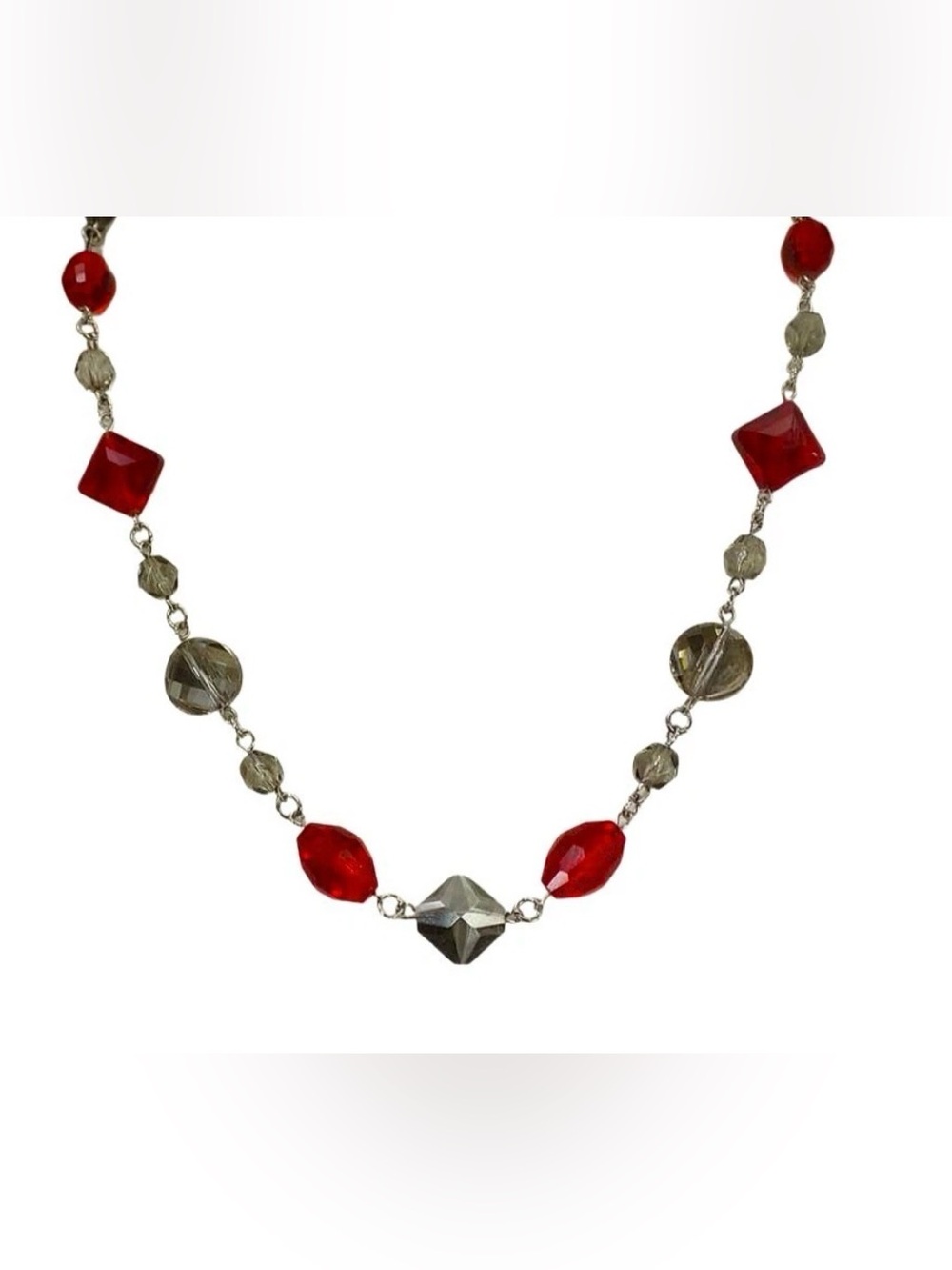 Elegant Red and Gray Glass Bead Necklace Hand Linked Oval Round Square Beads New